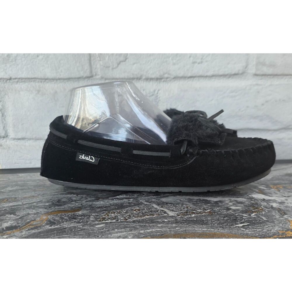 Clarks Women's Folded Tongue Suede Moccasin Slippers ICH30746C Black 8M